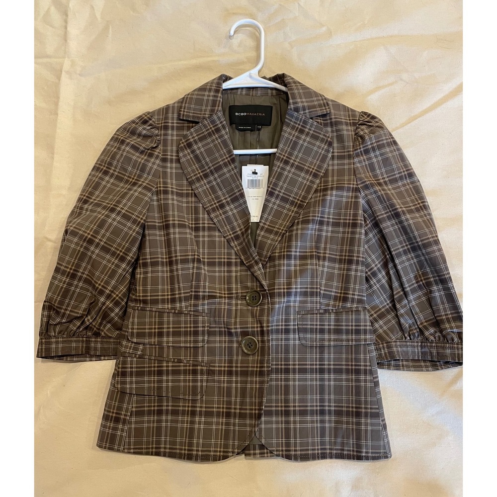 BCBGMAXAZRIA Nancy‎ The Double B Suiting Blazer Plaid Puff Sleeve XXS 3/4 sleeve